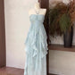 Cute A line Halter Ruffled Floral Blue Women's Long Vacation Dresses       S5423