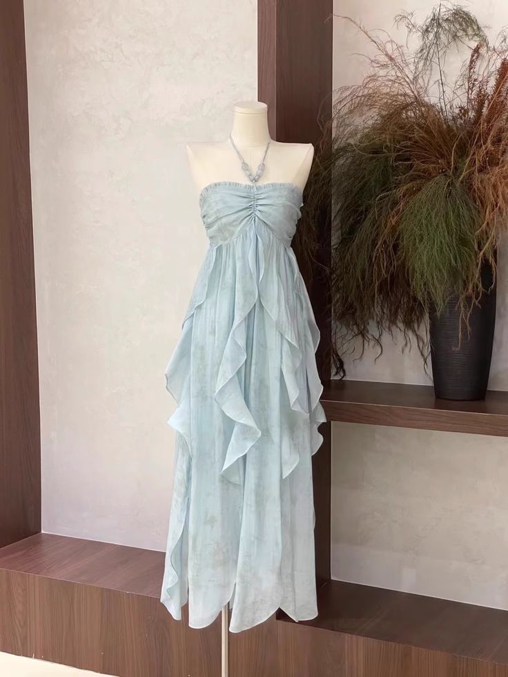 Cute A line Halter Ruffled Floral Blue Women's Long Vacation Dresses       S5423