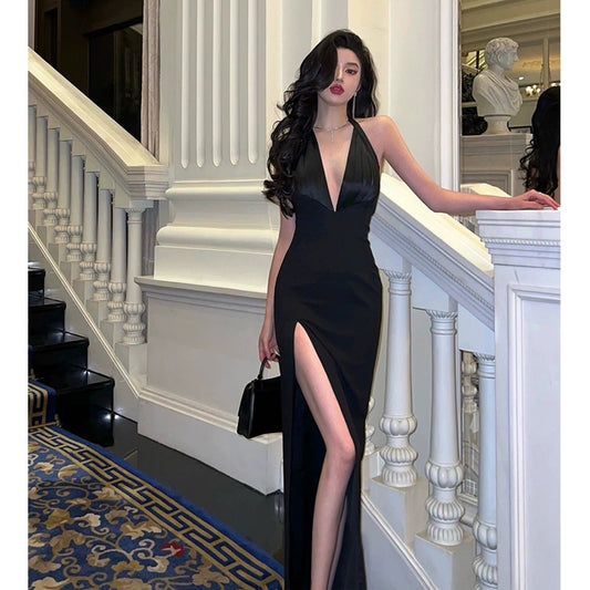 Sexy black halter neck dress new backless slit long dress   S5476