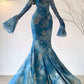 Mermaid Off The Shoulder Floral Blue Long Sleeves Party Dresses Birthday Outfits       S5447