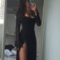 Black Long Sleeves Side Slit Party Gown Long Prom Dress       S5426