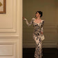 Rose print velvet dress for women new style square neck long dress     S5488