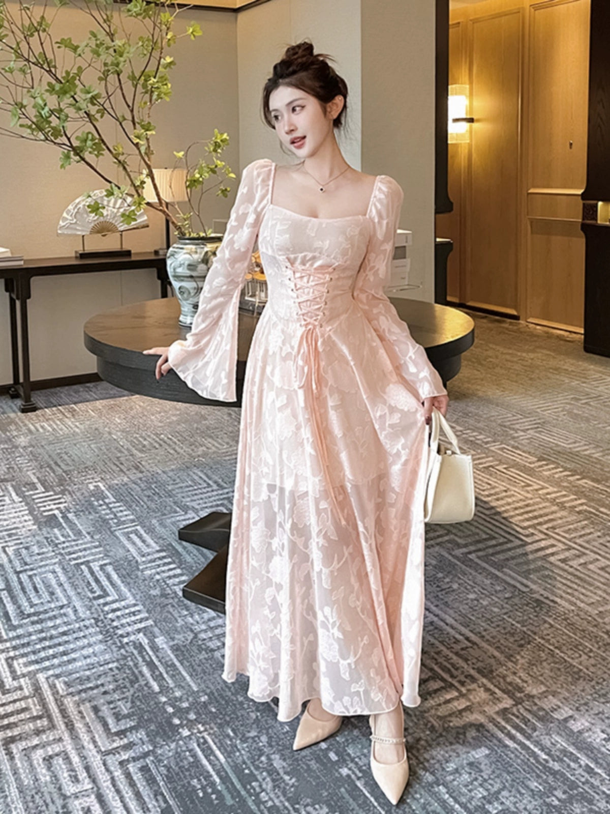 Pink sexy lace long-sleeved dress for women     S5461