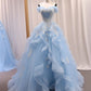 Off Shoulder Light Blue Tulle Long Prom Dresses With Lace Appliques, High Low Light Blue Formal Evening Dresses       S5422