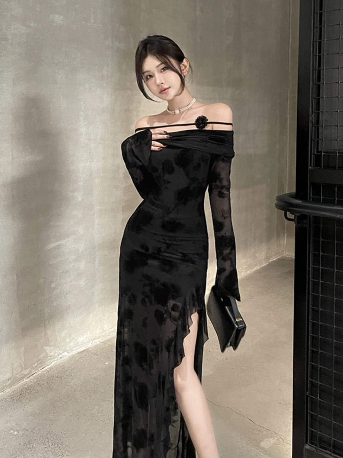 Off shoulder black long sleeve dress women long dress       S5459