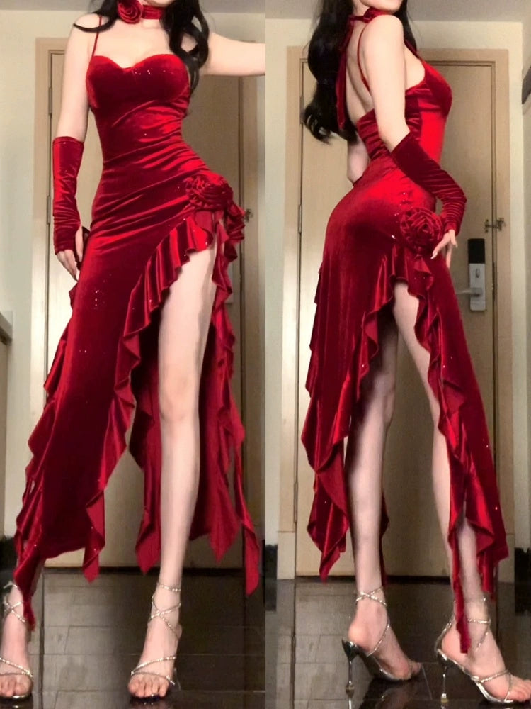 Red dress women's velvet suspender skirt irregular sexy birthday evening dress       S5457