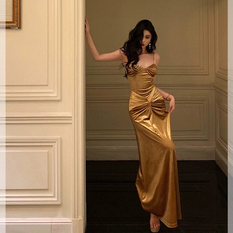 Gold velvet suspender dress for women new evening dress     S5478