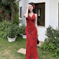 Printed red V-neck suspender dress for women sexy and elegant holiday dress       S5458