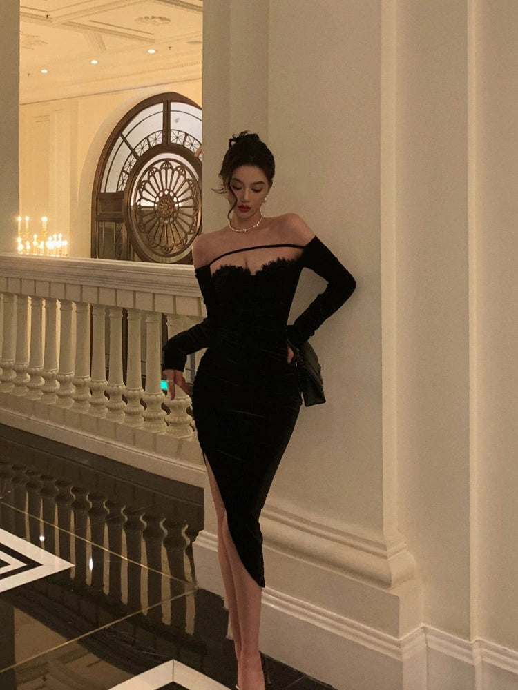 Sexy off-shoulder velvet dress for women new style dress little black dress    S5498