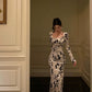Rose print velvet dress for women new style square neck long dress     S5488