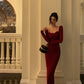 Burgundy long-sleeved dress for women new style long skirt     S5485