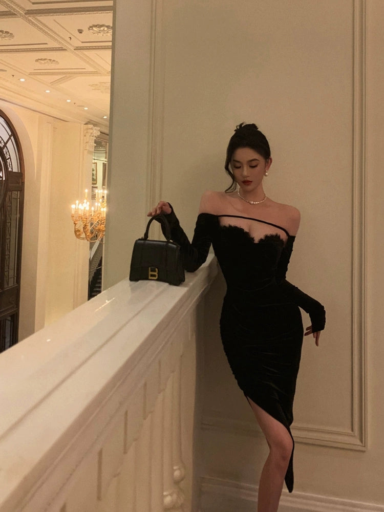 Sexy off-shoulder velvet dress for women new style dress little black dress    S5498