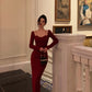 Burgundy long-sleeved dress for women new style long skirt     S5485