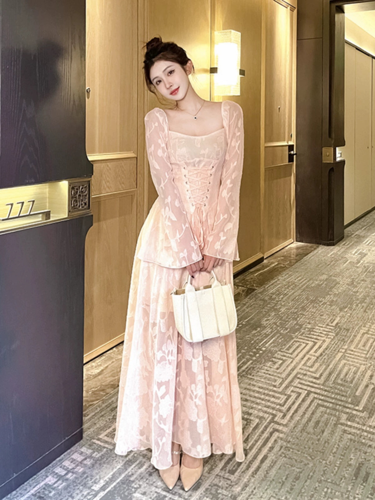 Pink sexy lace long-sleeved dress for women     S5461