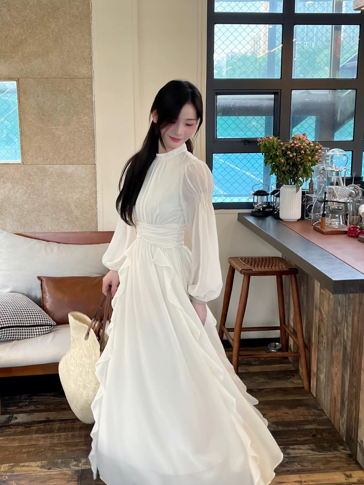 women's long sleeves pleated waist engagement dress celebrity birthday long dress     S5469