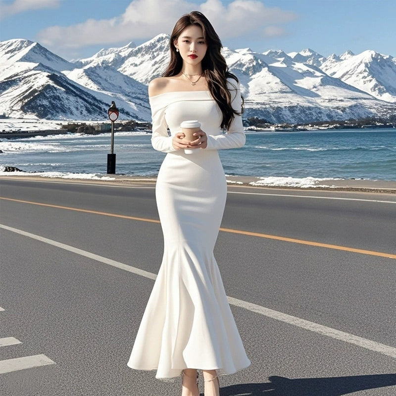 White off-the-shoulder long-sleeved dress for women       S5453