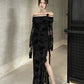 Off shoulder black long sleeve dress women long dress       S5459