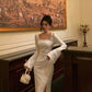square neck satin dress new slit long dress      S5479