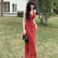 Printed red V-neck suspender dress for women sexy and elegant holiday dress       S5458