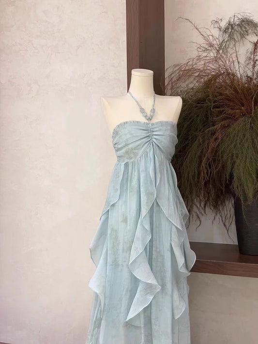 Cute A line Halter Ruffled Floral Blue Women's Long Vacation Dresses       S5423