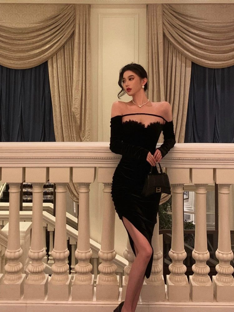 Sexy off-shoulder velvet dress for women new style dress little black dress    S5498