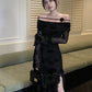 Off shoulder black long sleeve dress women long dress       S5459