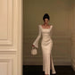 square neck satin dress new slit long dress      S5479