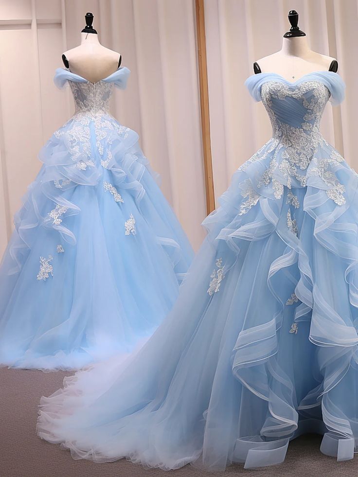 Off Shoulder Light Blue Tulle Long Prom Dresses With Lace Appliques, High Low Light Blue Formal Evening Dresses       S5422