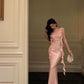Sexy Mermaid Straps Neckline Backless Satin Pink Slit Prom Dresses Birthday Outfits        S5448