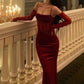 Sexy Sheath Spaghetti Straps Lace Red Velvet Evening Dresses Birthday Outfits With Gloves       S5424