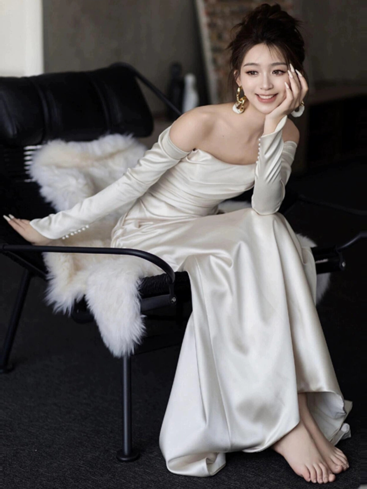 Off shoulder wedding dress long sleeve satin bride dress simple wedding gown       S5452