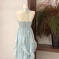 Cute A line Halter Ruffled Floral Blue Women's Long Vacation Dresses       S5423