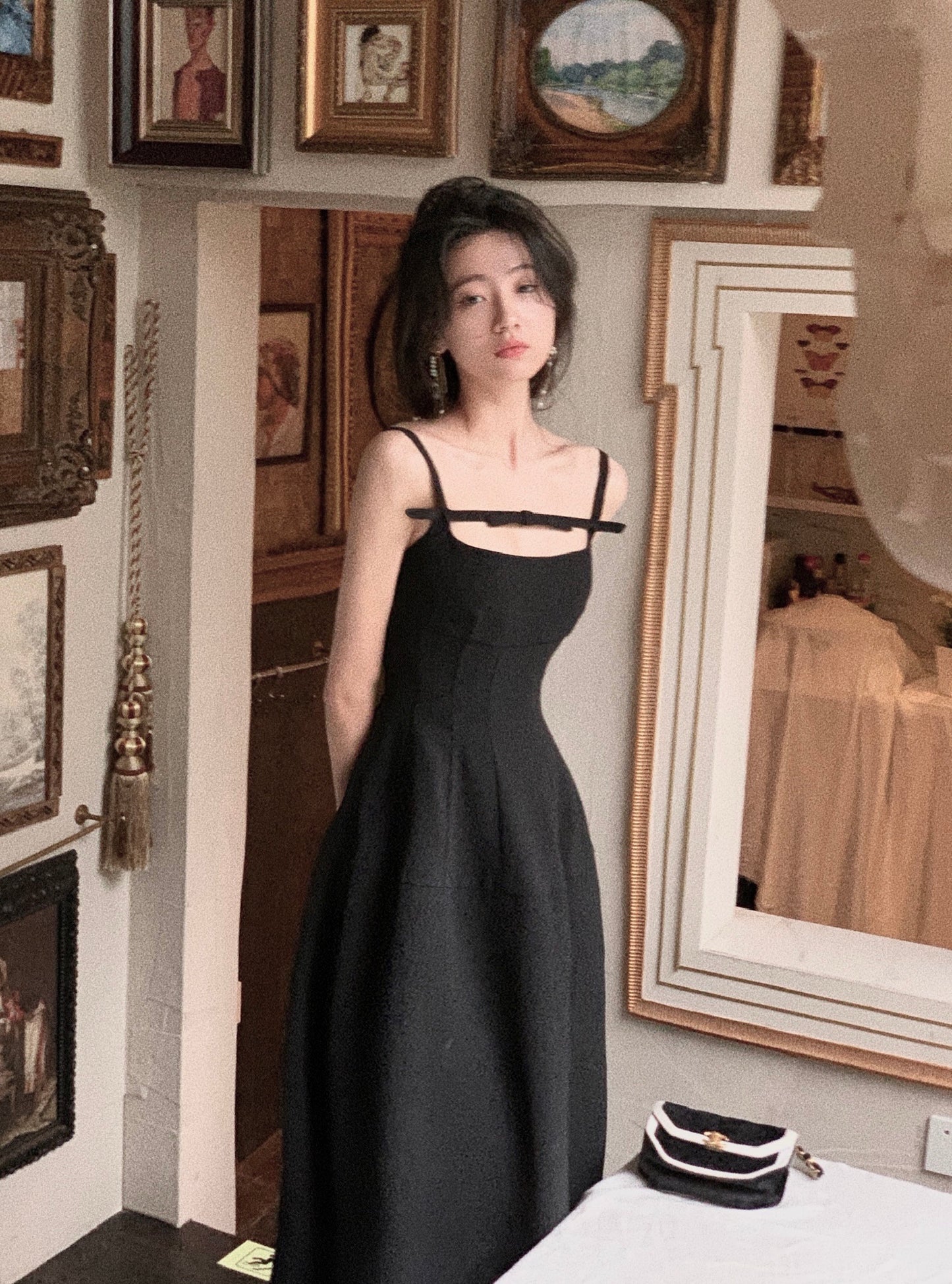 Black suspender bow dress for women      S5470