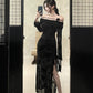 Off shoulder black long sleeve dress women long dress       S5459