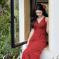Printed red V-neck suspender dress for women sexy and elegant holiday dress       S5458