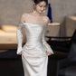 Off shoulder wedding dress long sleeve satin bride dress simple wedding gown       S5452