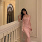 Sexy Mermaid Straps Neckline Backless Satin Pink Slit Prom Dresses Birthday Outfits        S5448