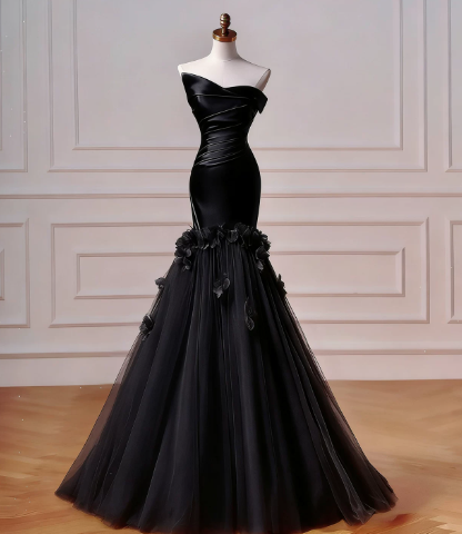 Charming Black Prom Gown , Elegant Tulle 3D Floral Maxi Evening Dress Celebrity Dress RS1355