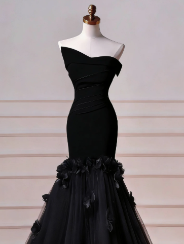 Charming Black Prom Gown , Elegant Tulle 3D Floral Maxi Evening Dress Celebrity Dress RS1355