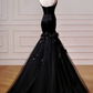 Charming Black Prom Gown , Elegant Tulle 3D Floral Maxi Evening Dress Celebrity Dress RS1355