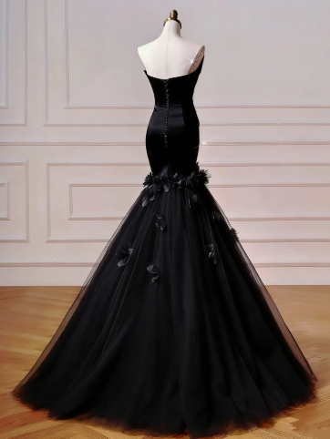 Charming Black Prom Gown , Elegant Tulle 3D Floral Maxi Evening Dress Celebrity Dress RS1355
