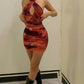 Red tie-dye cross-neck design waist pleated slim fit hip skirt homecoming dress R3174