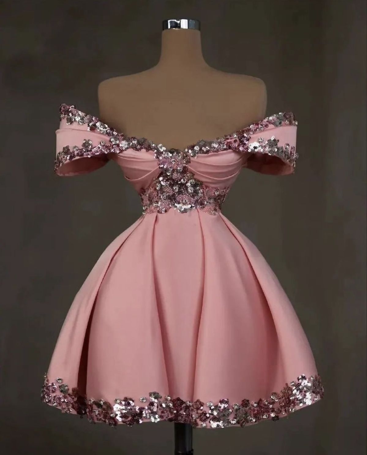 Pink one-shoulder elegant slim fit sequin design waist puffy skirt short skirt homecoming dress R4092