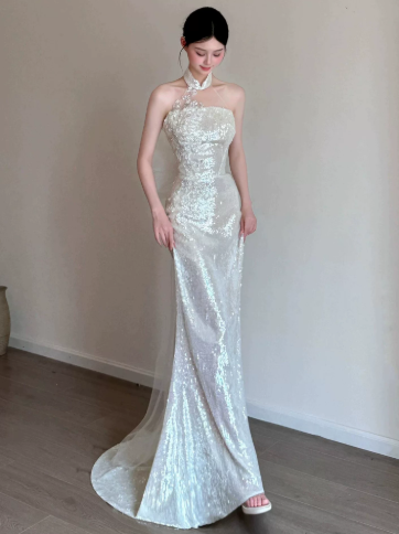 Charming White Prom Gown , Glitter Tulle Sequins Maxi Evening Dress Celebrity Dress RS1356