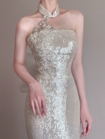 Charming White Prom Gown , Glitter Tulle Sequins Maxi Evening Dress Celebrity Dress RS1356