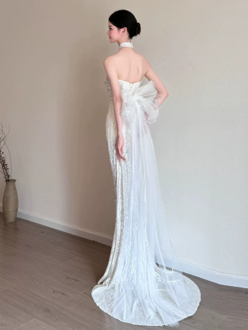 Charming White Prom Gown , Glitter Tulle Sequins Maxi Evening Dress Celebrity Dress RS1356