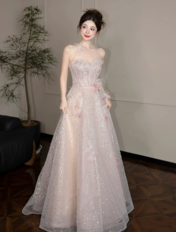 Charming Champagne Prom Gown , Glitter Tulle Sequins Maxi Evening Dress Birthday Dress RS1357