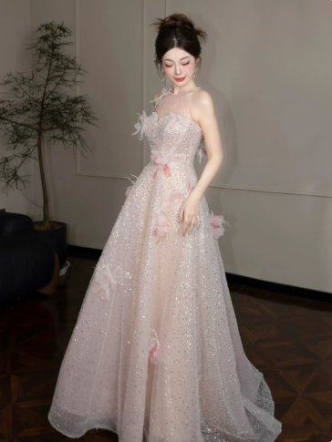 Charming Champagne Prom Gown , Glitter Tulle Sequins Maxi Evening Dress Birthday Dress RS1357