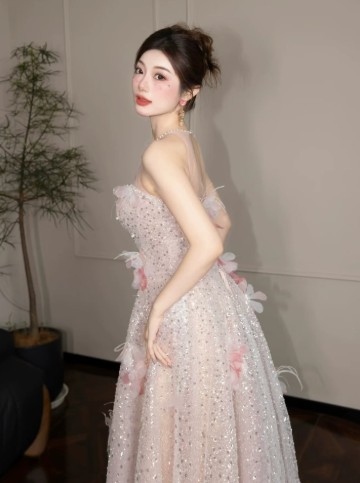 Charming Champagne Prom Gown , Glitter Tulle Sequins Maxi Evening Dress Birthday Dress RS1357