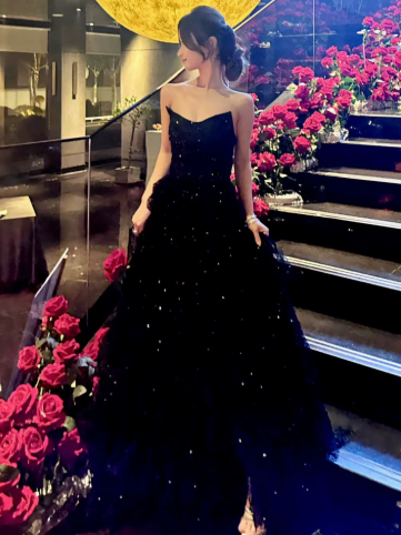 French Chic Black Prom Gown , Glitter Tulle Sequins Maxi Evening Dress RS1359